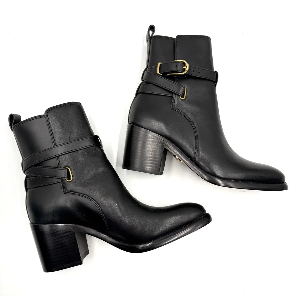Veronica Beard Sohelia Low Boots Black Leather Buckle‎ Ankle Block Heel Sz 7.5
